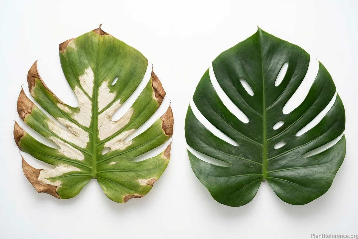 Comparison showing monstera leaf burn from excessive grow light versus healthy leaves under proper lighting