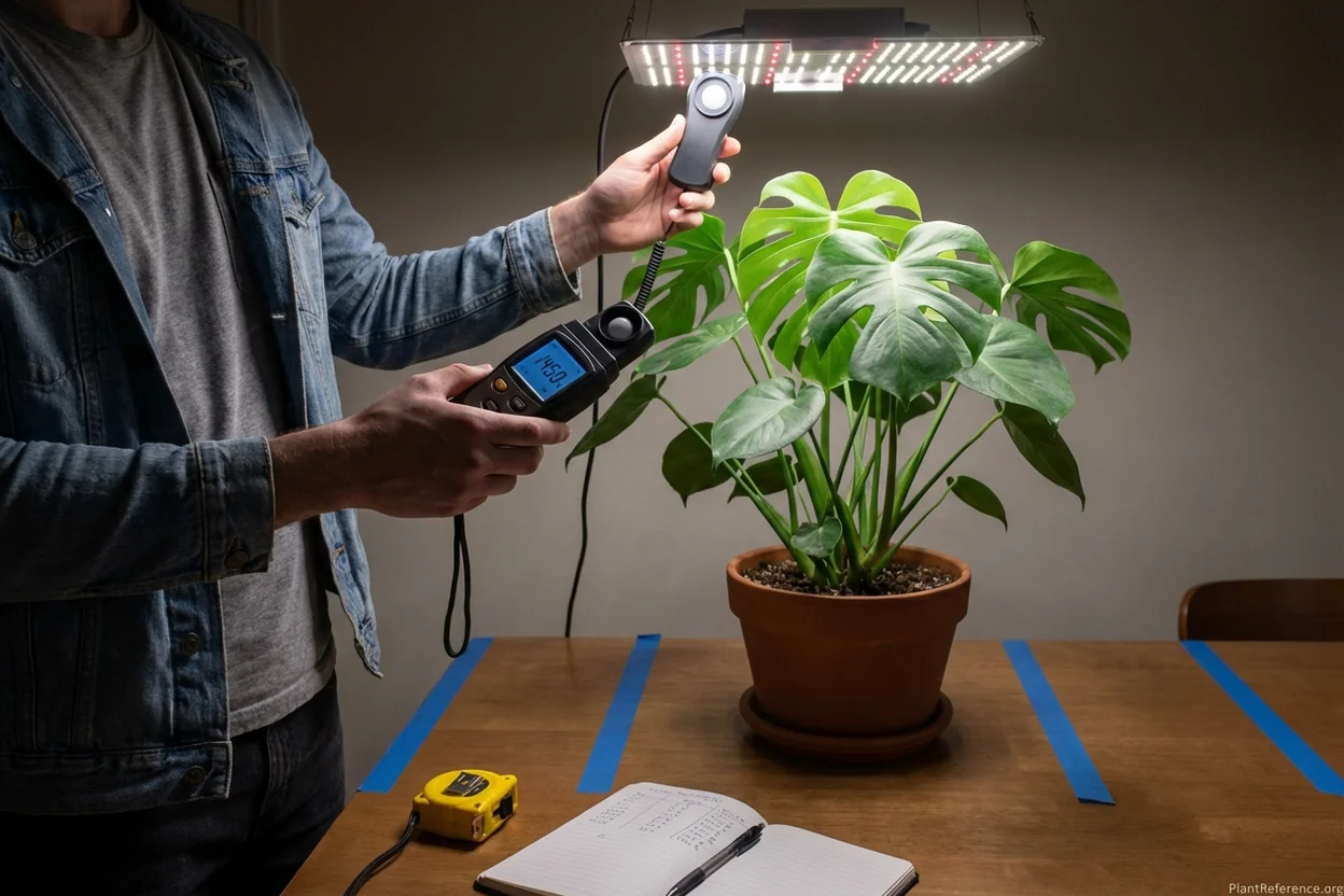 Light meter measuring foot-candle output at various distances from LED grow light with monstera plant