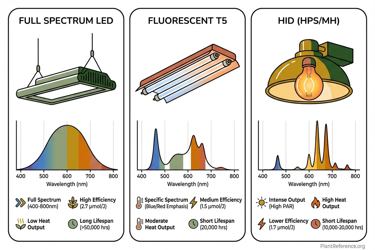 Comparison of LED, fluorescent, and HID grow lights showing different spectrum outputs and fixture designs