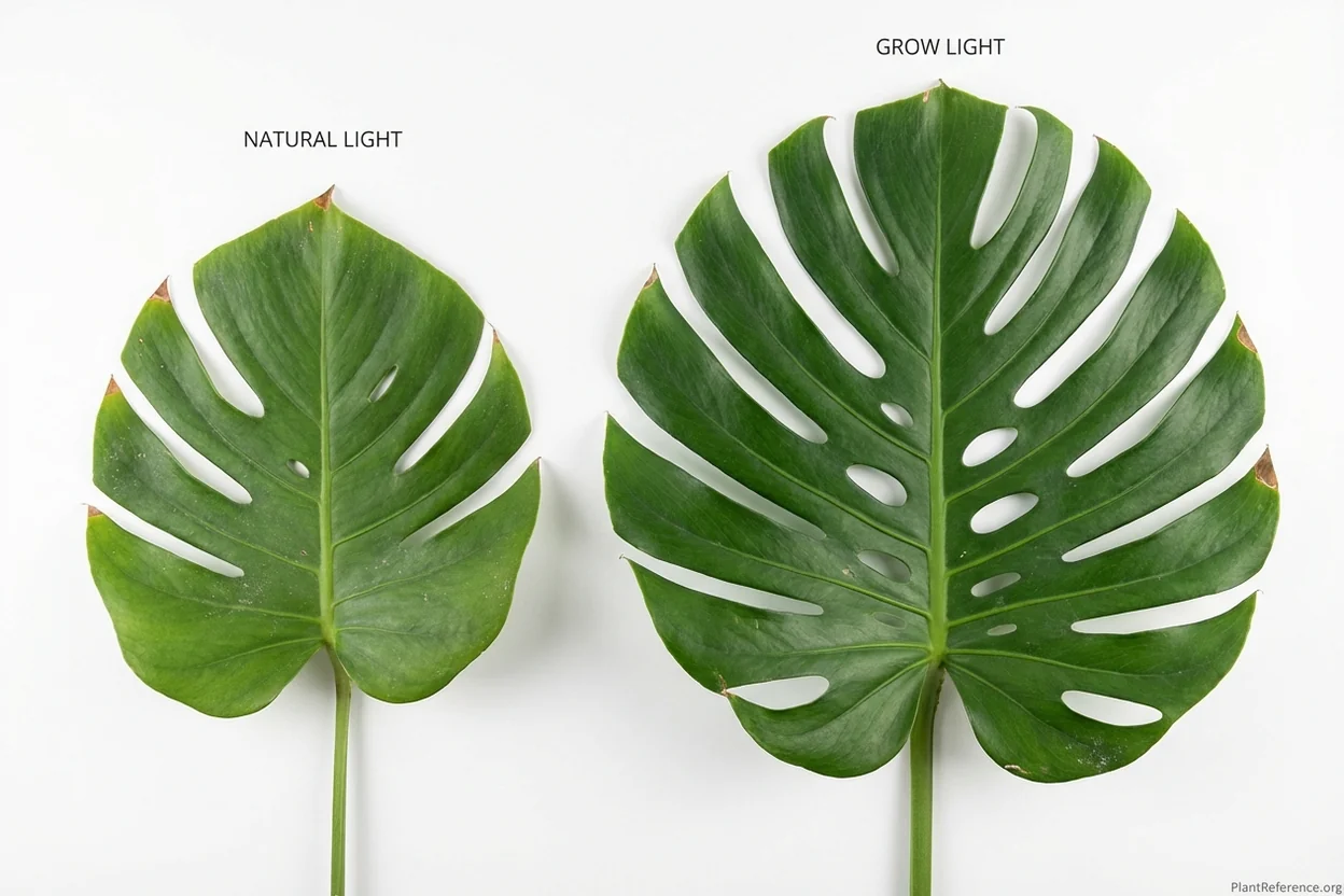 Monstera leaves comparison showing improved fenestration under grow light versus natural light only