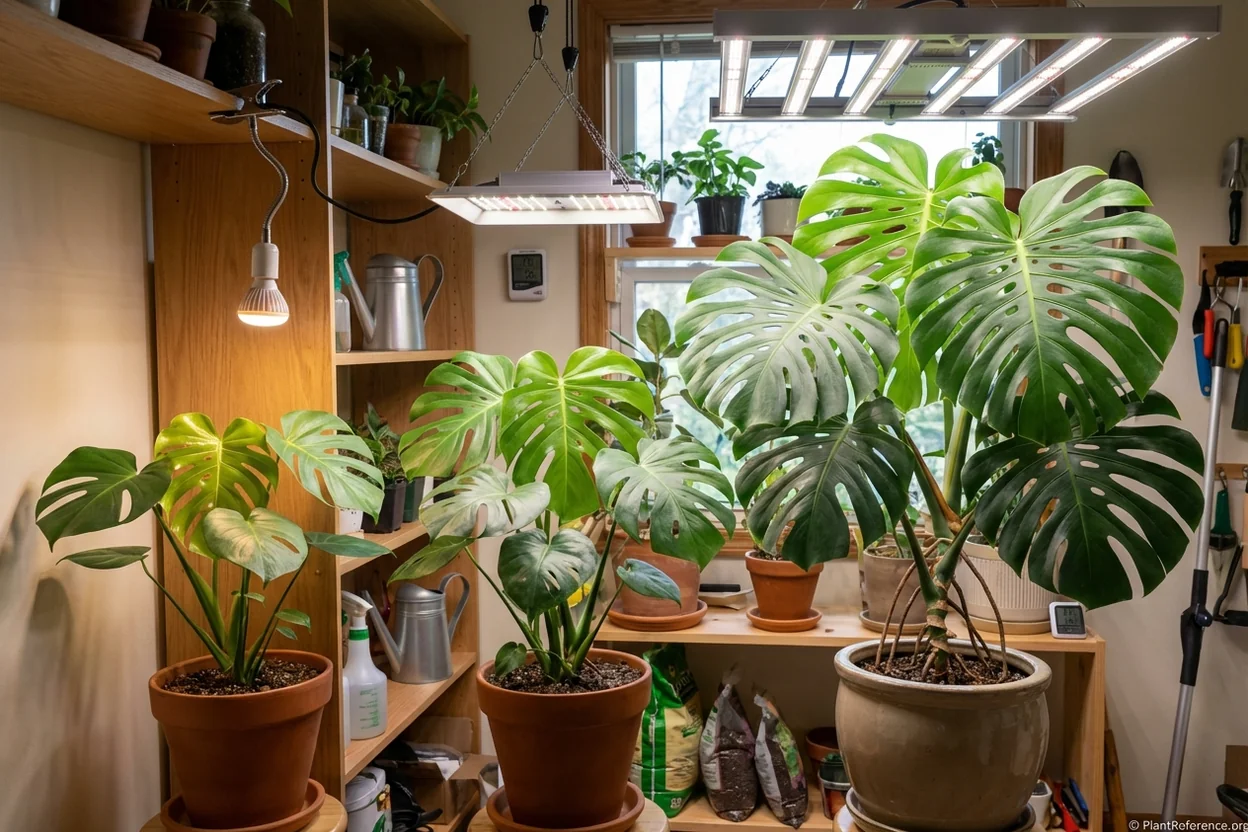 Side-by-side comparison of monstera plants growing under different LED grow lights showing growth variation