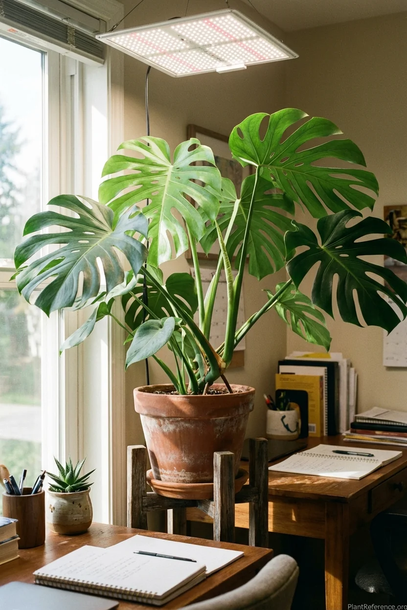 Monstera deliciosa growing under SANSI LED grow light with visible new growth and fenestration development
