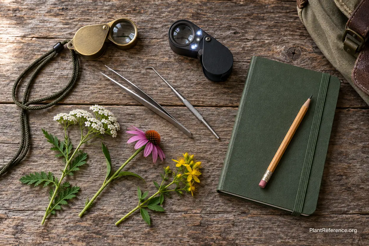 Complete botany field kit with hand lens, dissecting forceps, notebook, and plant samples
