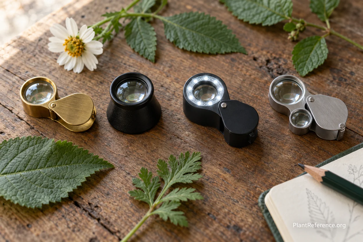 Different botanical hand lenses and loupes arranged to compare magnification and optics