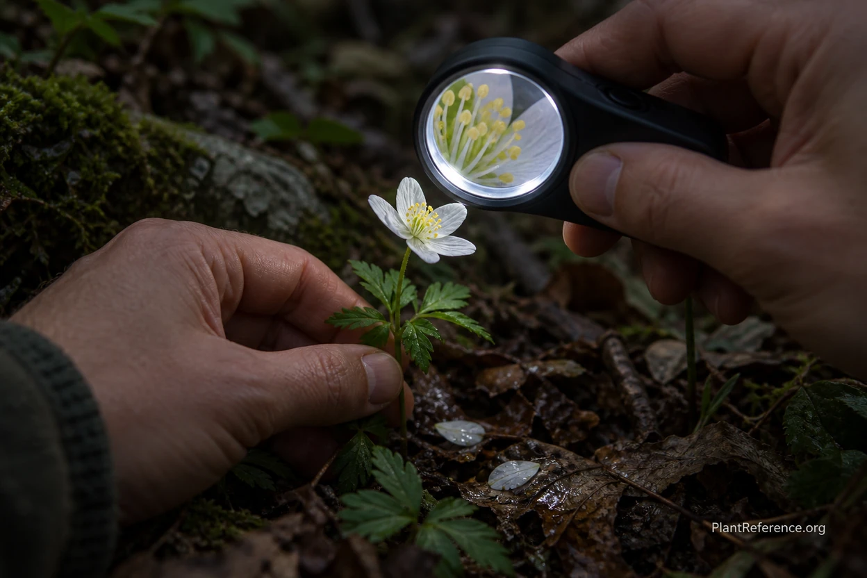 Lighted LED hand loupe examining the parts of a small flower in dim forest light