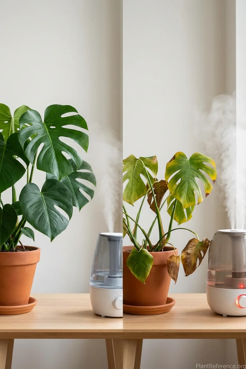 Side-by-side comparison showing monstera plants with cool mist and warm mist humidifiers
