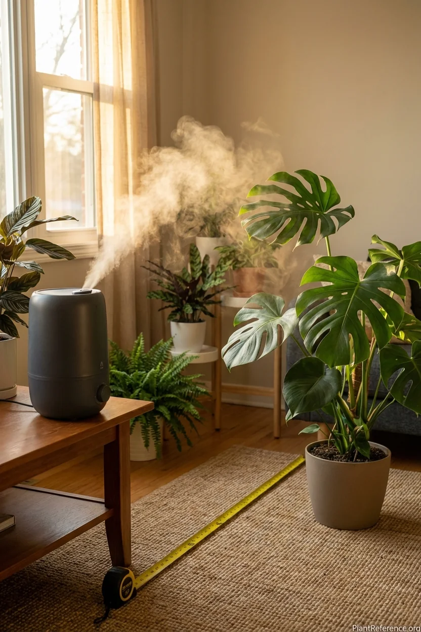 Optimal humidifier positioning for monstera plants showing correct distance and height