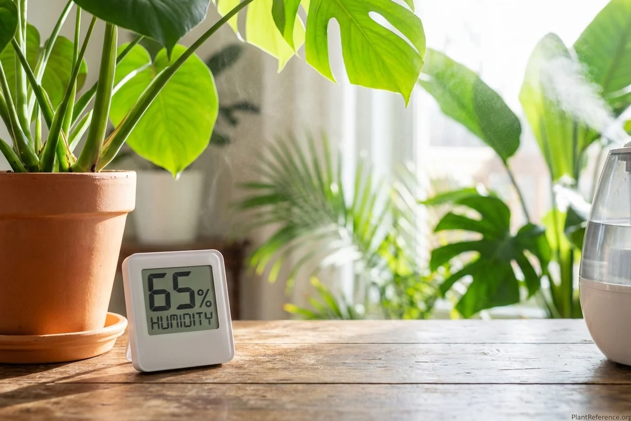 Digital hygrometer displaying 65% humidity next to thriving monstera plant