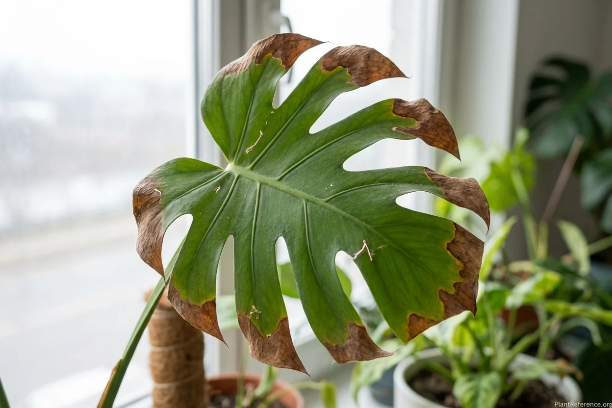 Monstera leaf showing brown edges and crispy texture from insufficient humidity