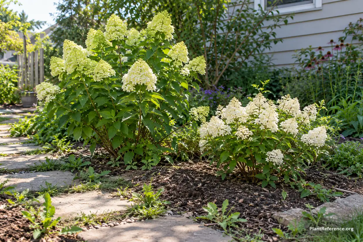Little Lime and Bobo compact hydrangeas compared in a sunny small garden