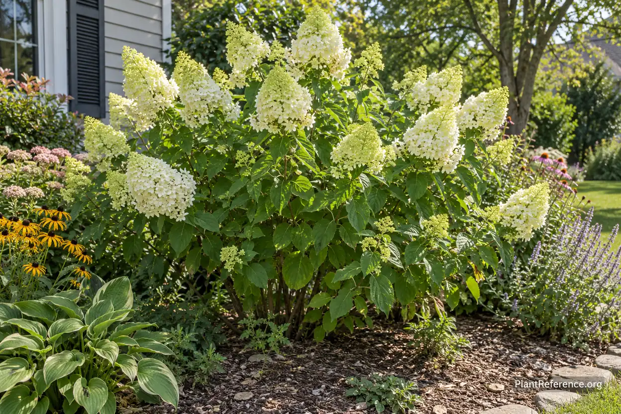 Mature Limelight hydrangea flowering in a full-sun residential border