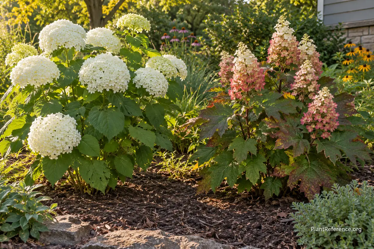 Incrediball and Ruby Slippers hydrangeas growing in sunny garden conditions