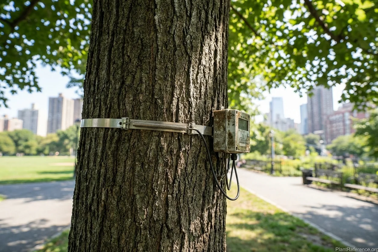 Dendrometer band measuring daily stem diameter changes on monitored urban tree trunk