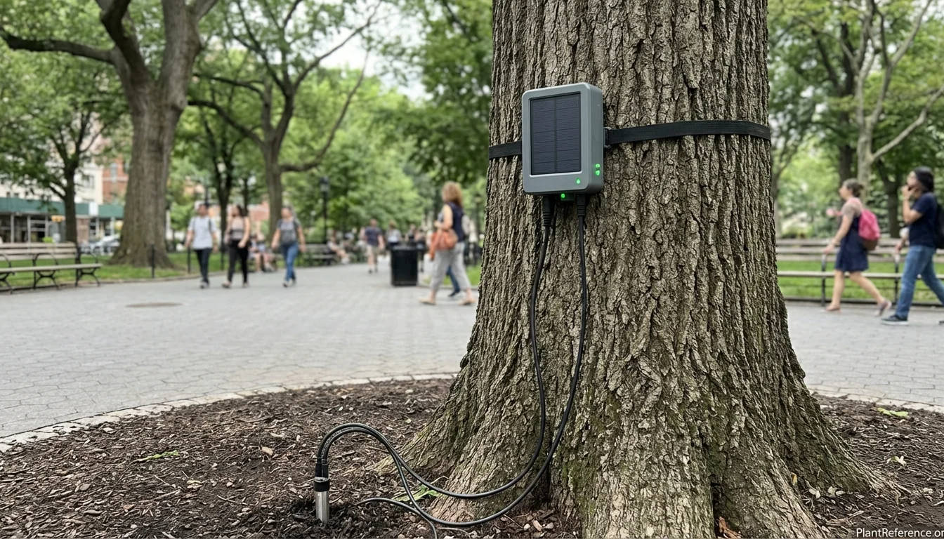 IoT sensor device mounted on urban tree trunk for real-time health and structural monitoring