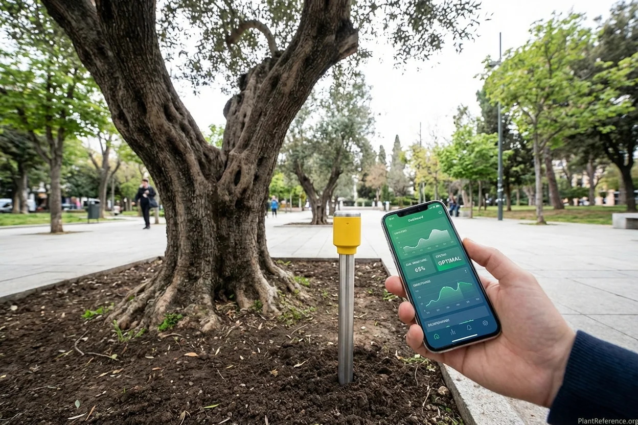 Soil moisture sensor probe installed near urban tree roots with real-time data dashboard display