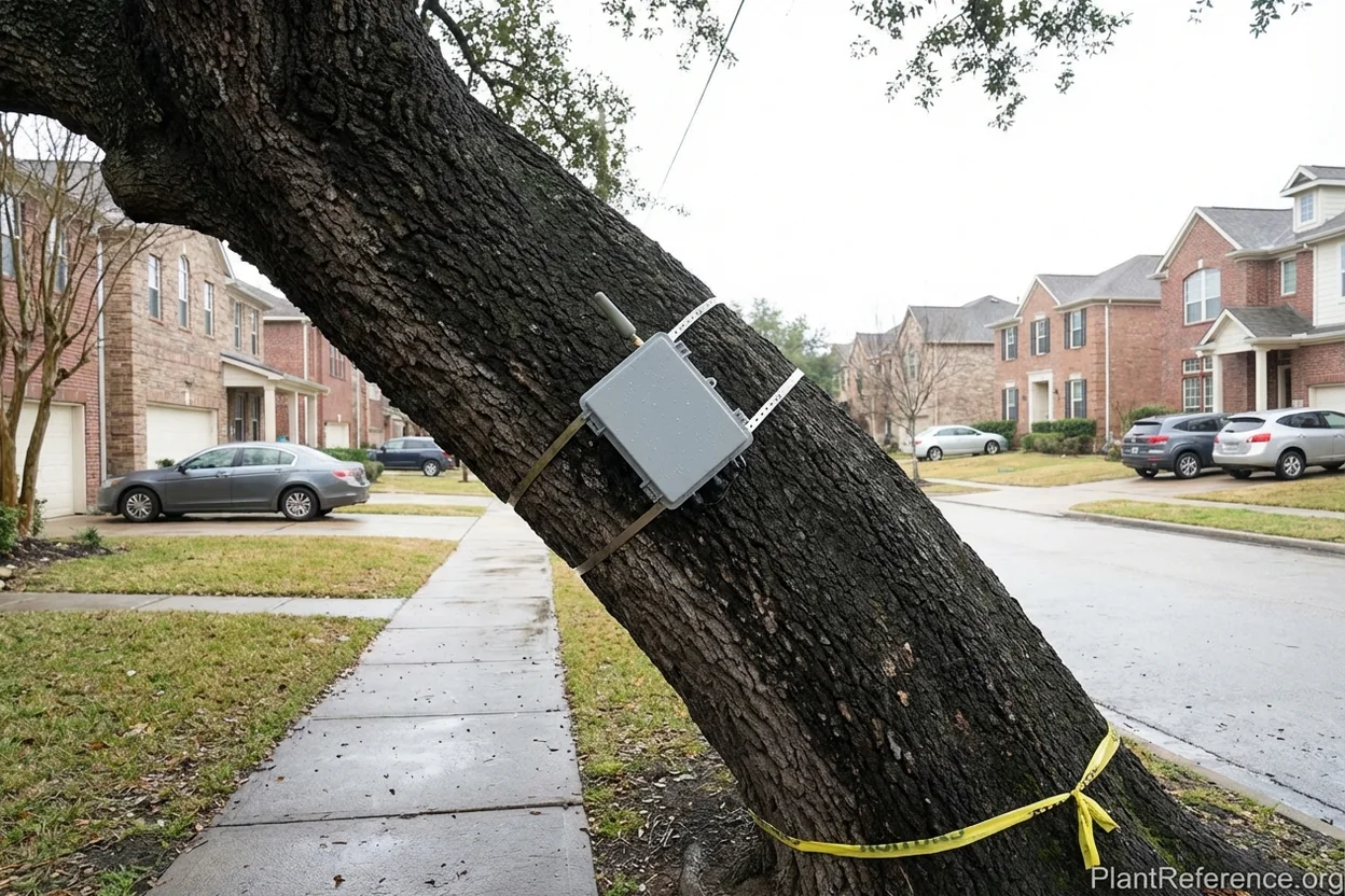 Tilt sensor device mounted on tree trunk detecting lean angle and structural movement changes