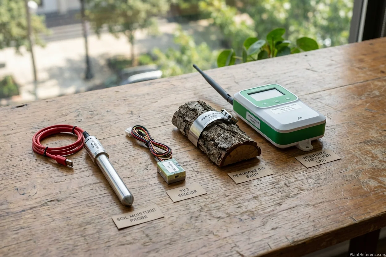 Different IoT tree monitoring sensor types including soil moisture tilt dendrometer and TreeTalker