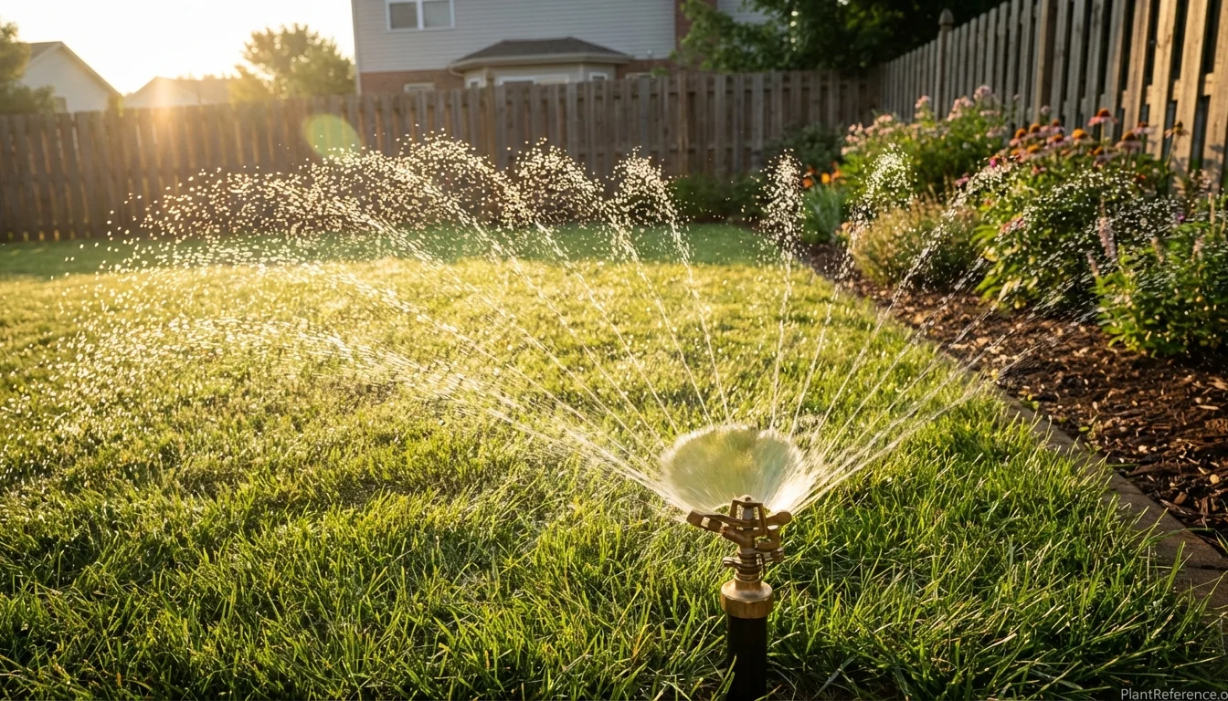 Rotary lawn sprinkler distributing water evenly across residential lawn in early morning