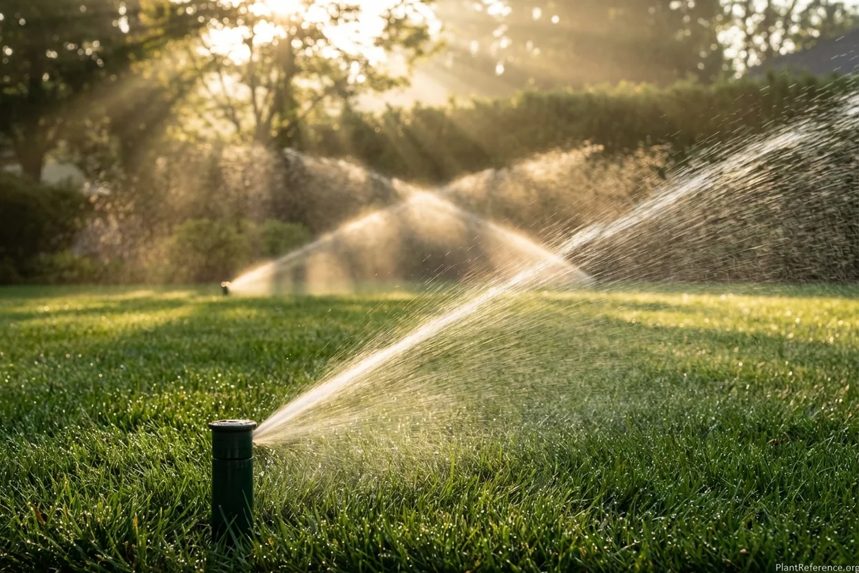 In-ground pop-up sprinkler head watering lawn with adjacent head visible showing head-to-head coverage