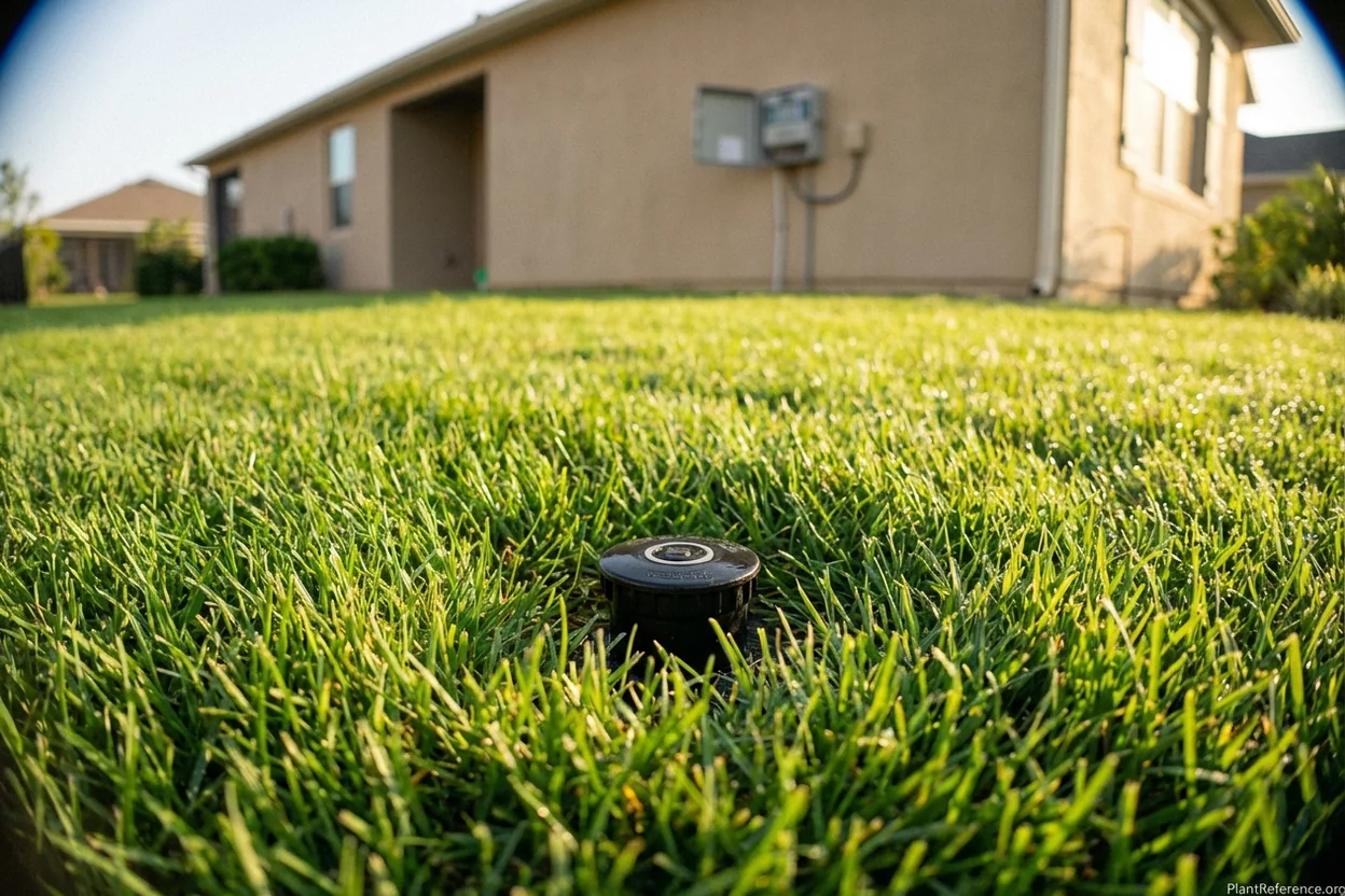 In-ground sprinkler system with properly spaced pop-up heads showing head-to-head coverage overlap