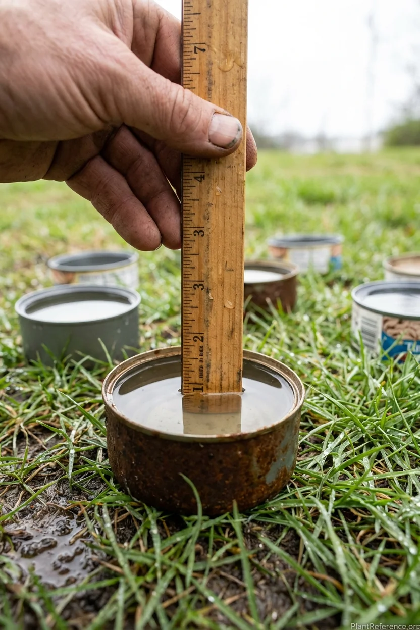 Ruler measuring water depth in tuna can after sprinkler uniformity audit on residential lawn