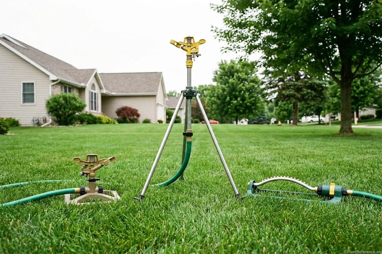 Gear-driven rotary impact and oscillating sprinklers compared side by side on a lawn