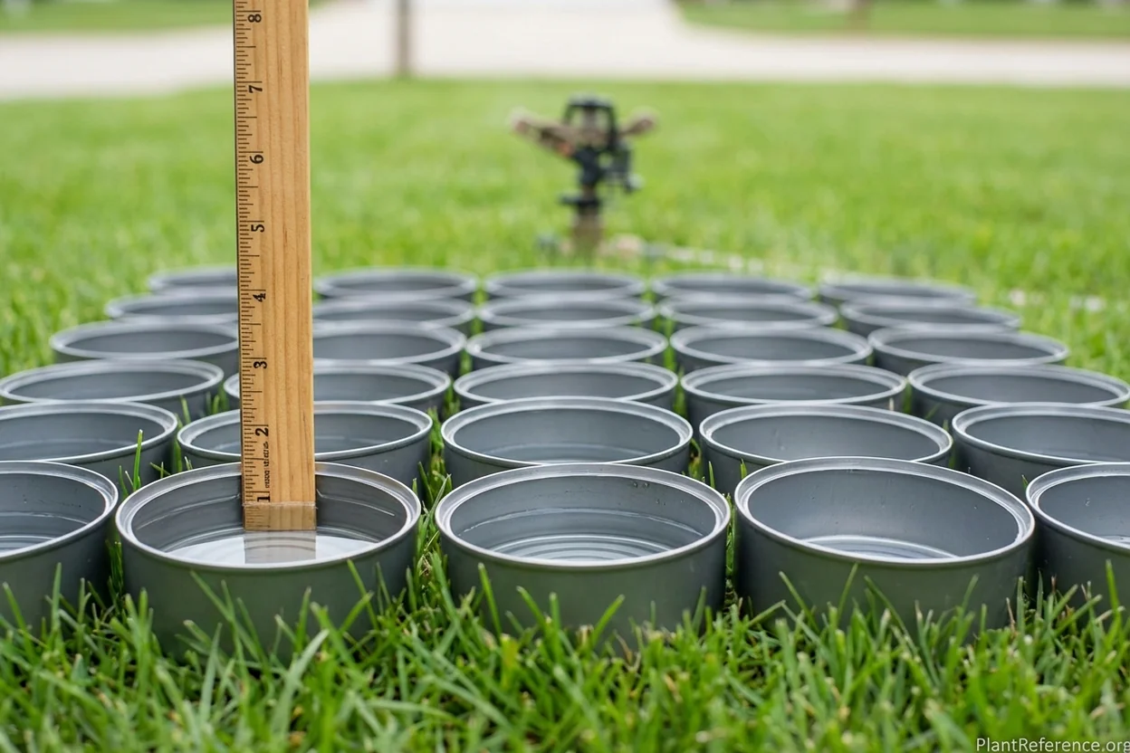 Tuna cans with varying water levels across sprinkler coverage area showing uneven distribution