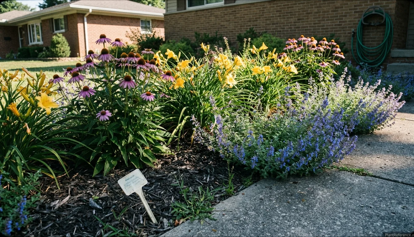 Low-maintenance perennial border with coneflowers, daylilies and catmint in a beginner's suburban garden