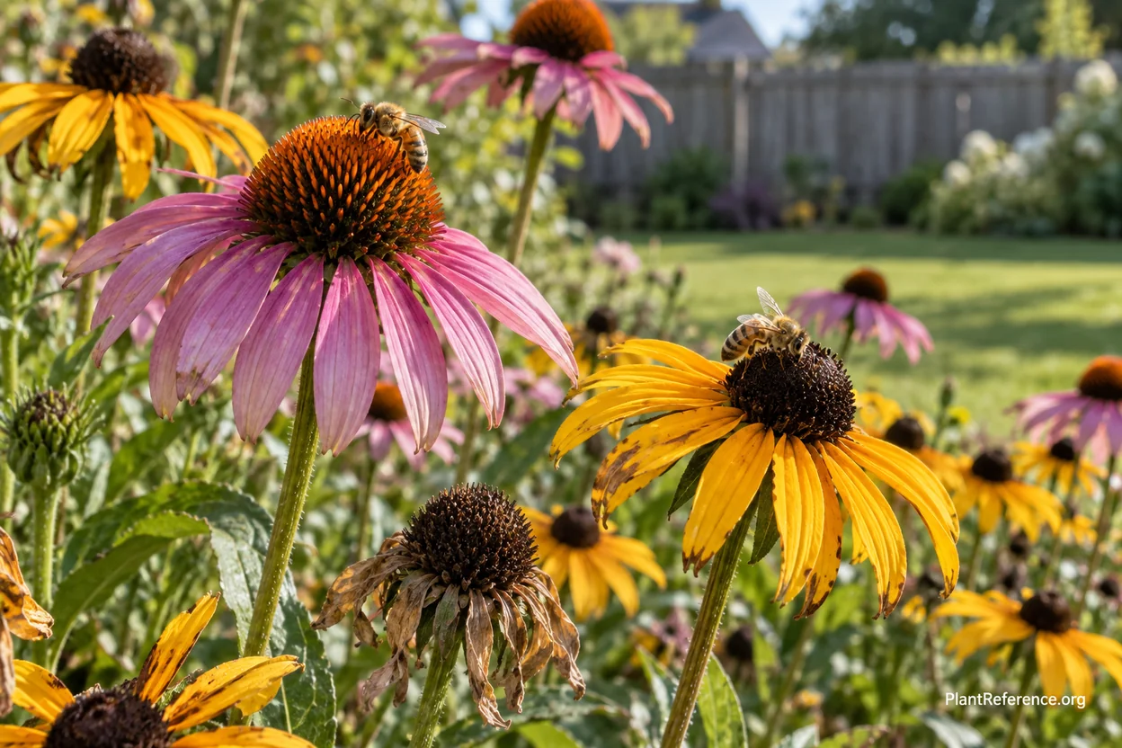 Purple coneflowers and golden black-eyed Susans blooming together in a sunny beginner perennial bed