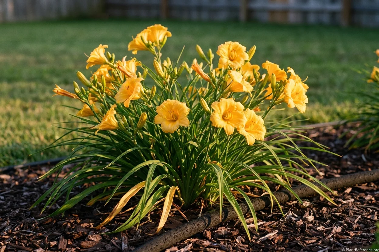 Mature golden daylily clump with several flower scapes in a low-maintenance perennial bed