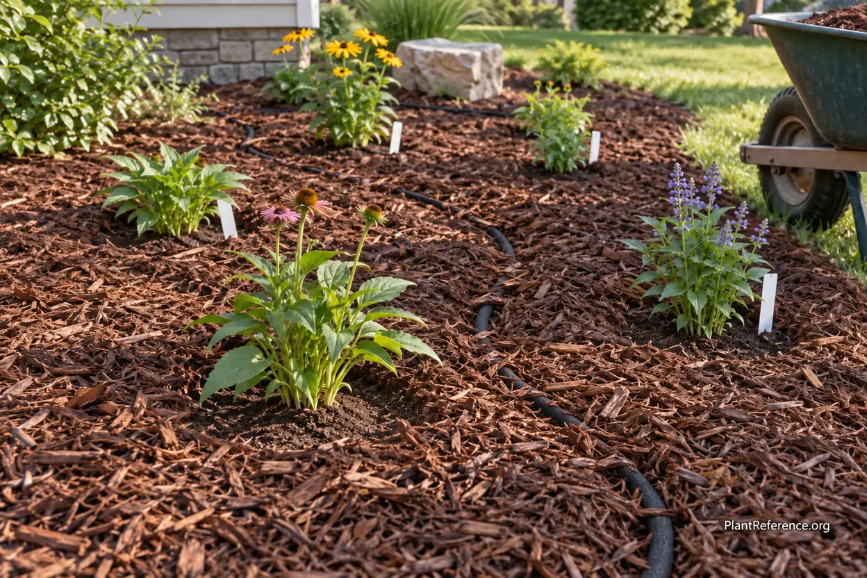 Freshly mulched beginner perennial bed with soaker hose running between young plants