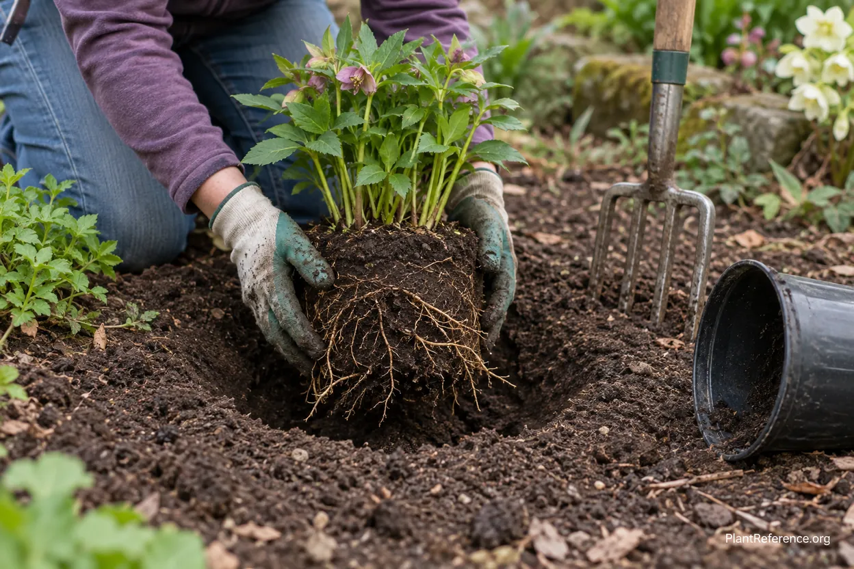 Gardener setting a potted perennial into a wide planting hole with loosened root ball
