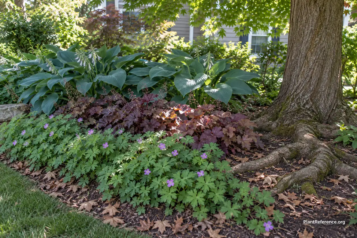 Blue hostas, bigroot geranium groundcover and coral bells growing under a shade tree