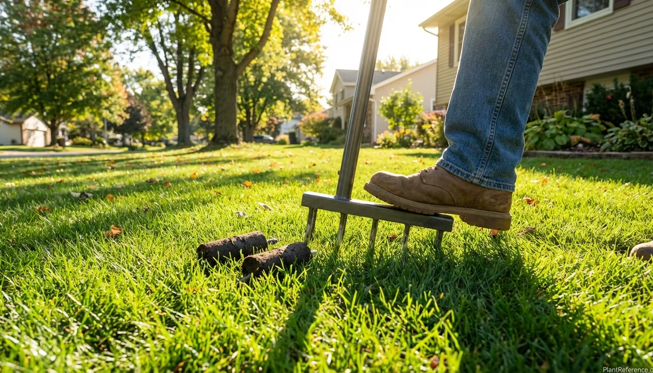 Manual step-on core aerator removing soil plugs from residential lawn during fall aeration
