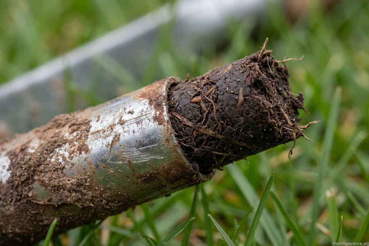 Close-up of manual core aerator hollow tines with soil plugs ejecting during use