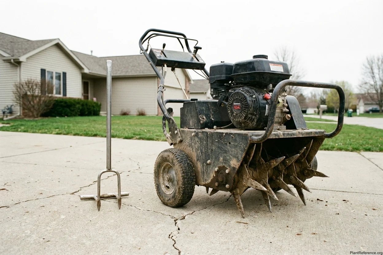 Manual step-on core aerator next to a large walk-behind rental power aerator for size comparison