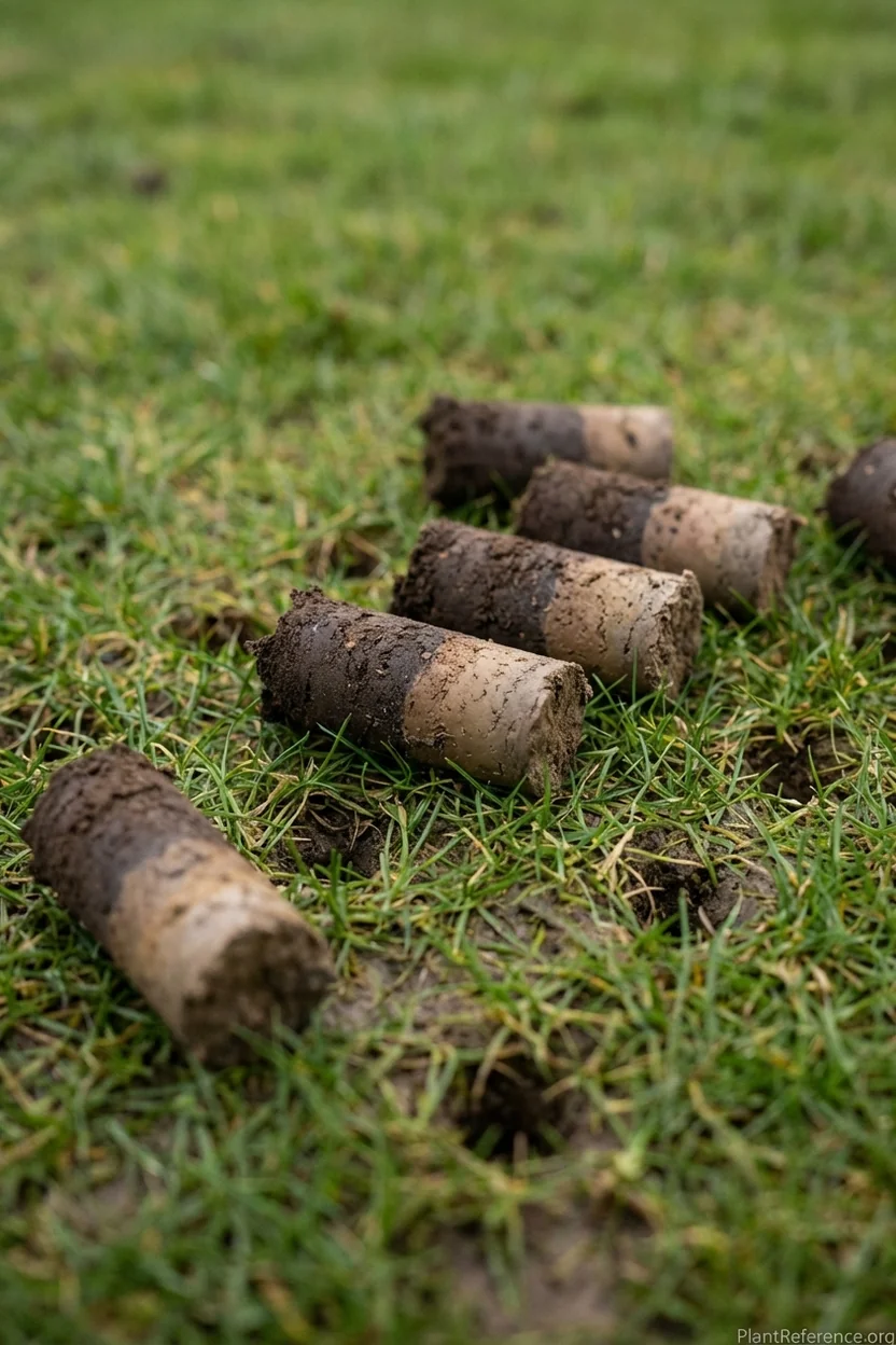 Soil core plugs on lawn surface after manual aeration showing soil profile with layers visible
