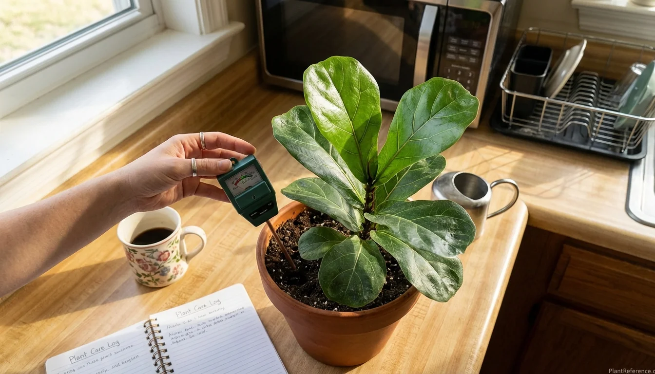 Hand inserting moisture meter into fiddle leaf fig soil showing proper testing technique