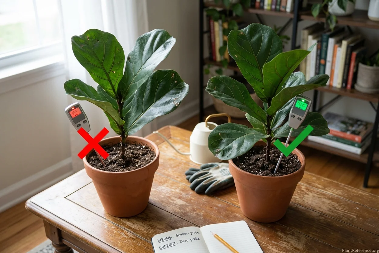 Demonstration of incorrect and correct moisture meter techniques for houseplant care