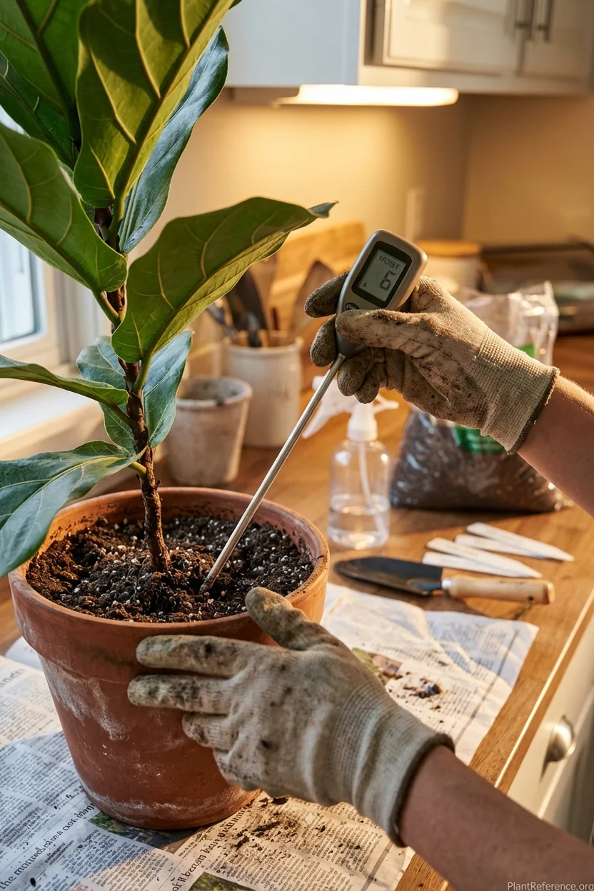 Proper technique for inserting moisture meter probe into houseplant soil at correct depth