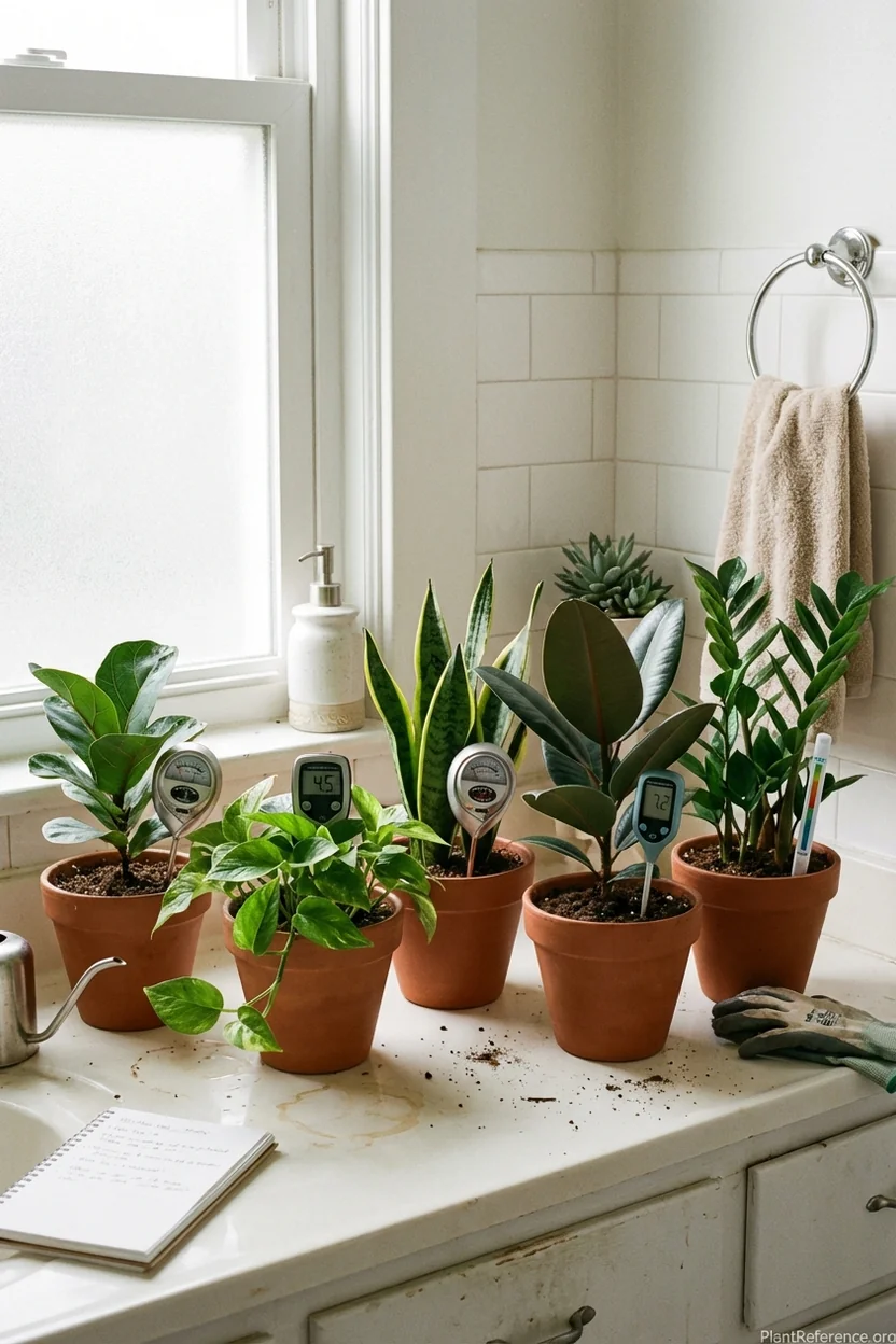 Multiple houseplants with moisture meters inserted for accuracy comparison testing