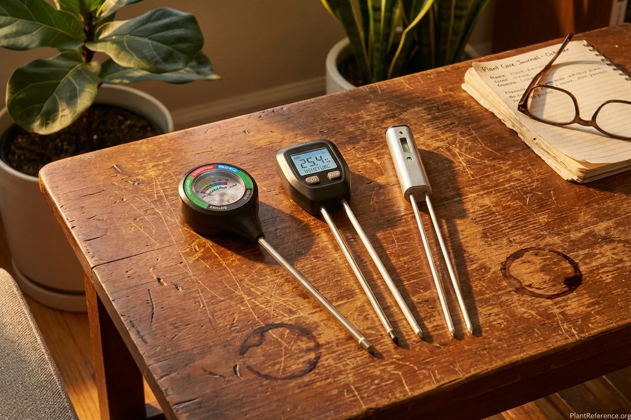Three types of moisture meters for plants showing different display styles and probe designs