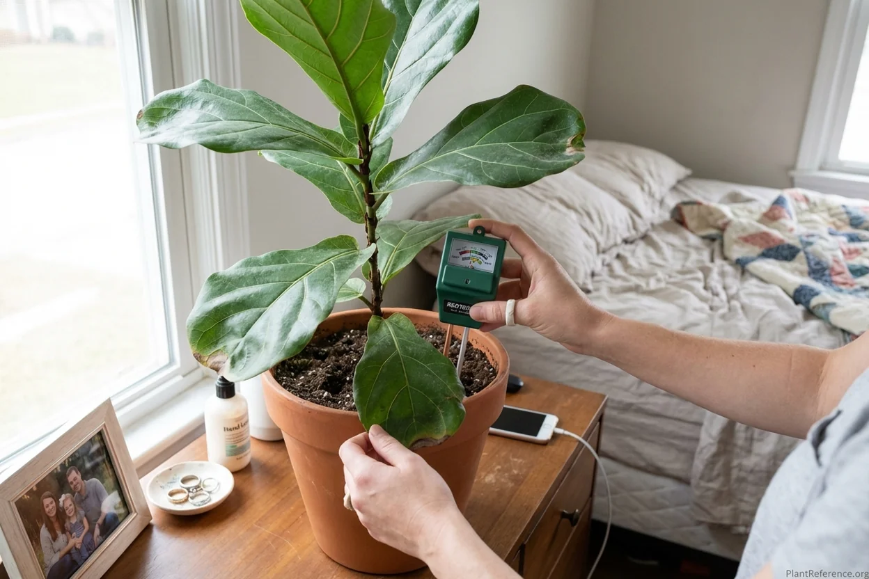 REOTEMP 4-in-1 soil tester showing pH and moisture readings in fiddle leaf fig pot