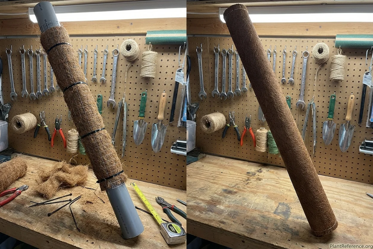 DIY moss pole construction next to commercial moss pole showing quality and appearance differences
