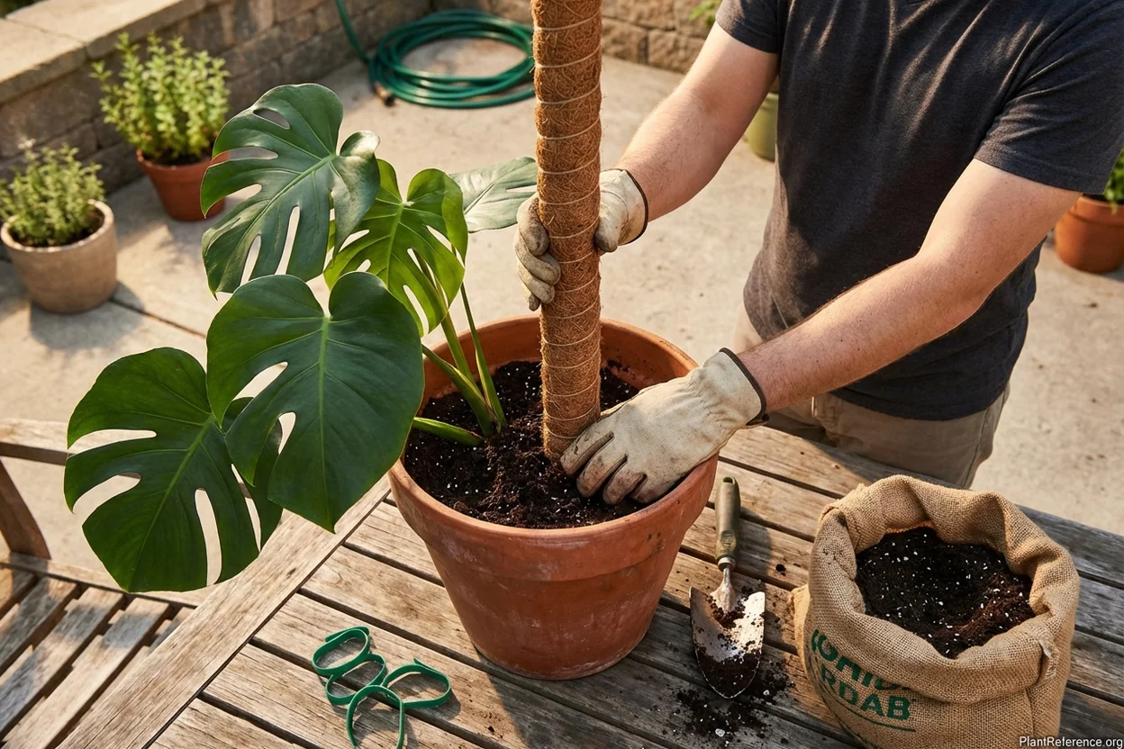 Proper moss pole installation in monstera pot showing correct depth and positioning for support