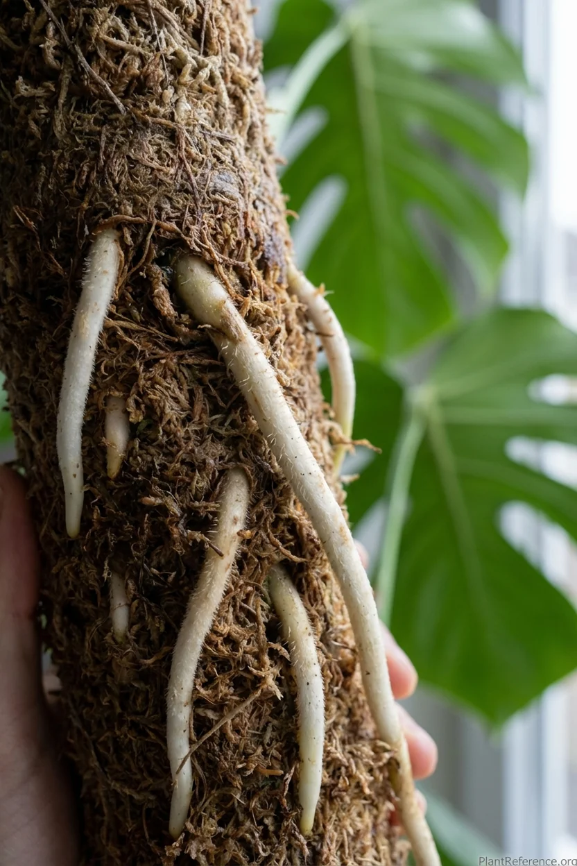 Monstera aerial roots naturally attaching to DUSPRO forest moss pole surface for climbing support