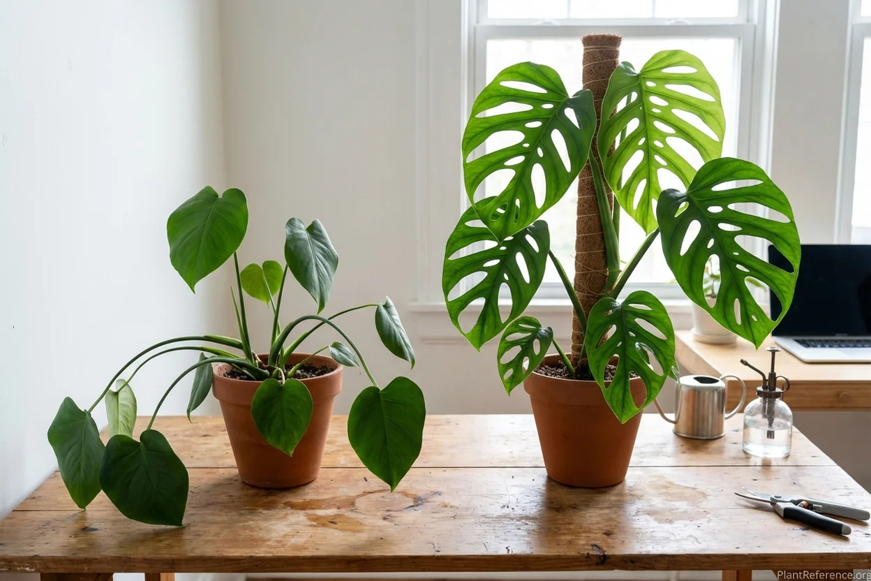 Comparison showing small monstera leaves when trailing versus large fenestrated leaves when climbing moss pole