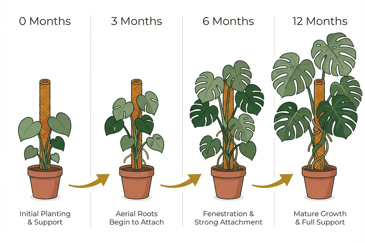 Monstera growth progression timeline showing development from small plant to large climber with moss pole support