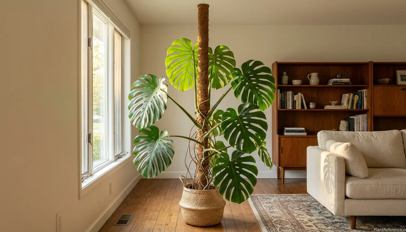 Large monstera deliciosa with fenestrated leaves climbing moss pole for monstera support system