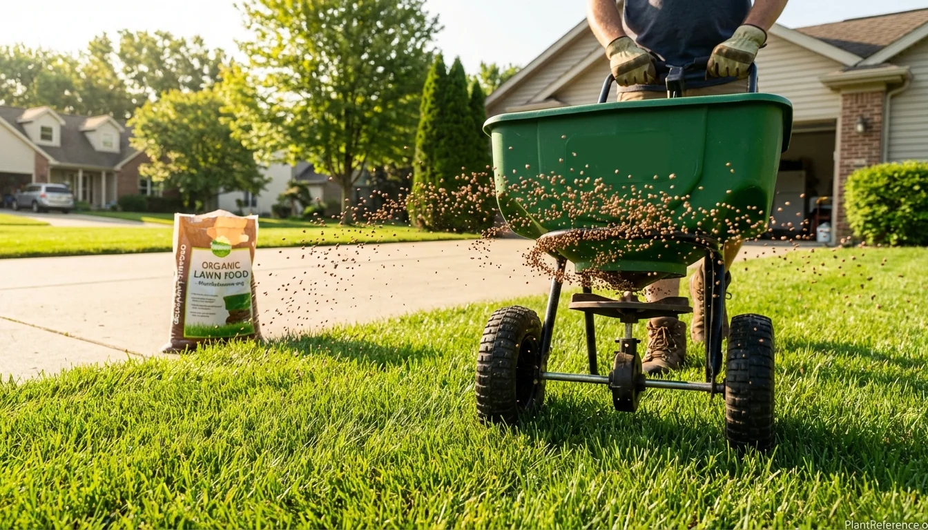 Organic lawn fertilizer granules being applied from a broadcast spreader across green residential lawn